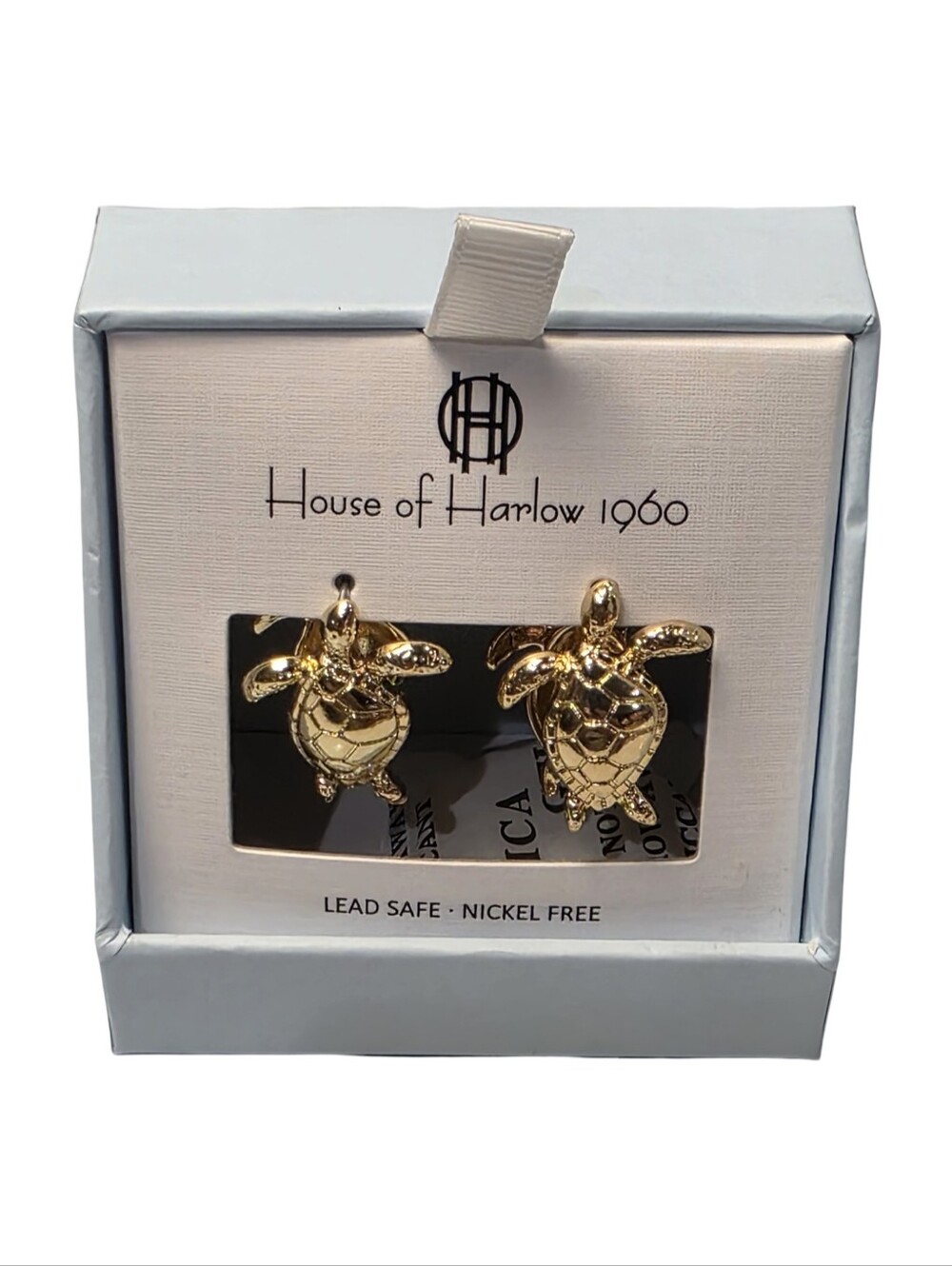 House of Harlow 1960 Gold Sea Turtle Stud Earrings NIB Lead Nickel Free
